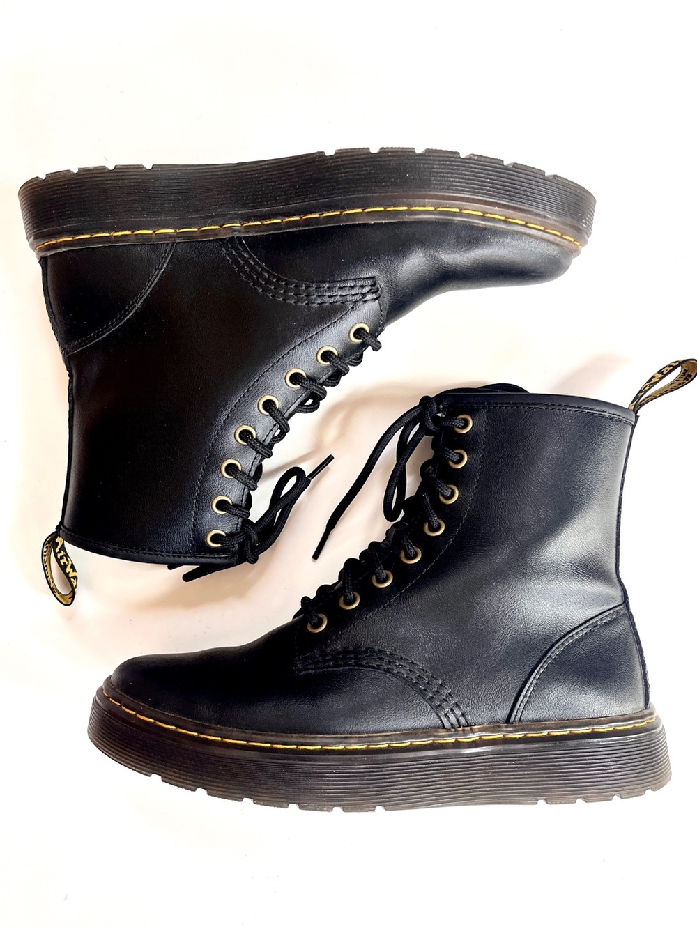 DR. MARTENS Air Wair Black Leather Combat Boots with Yellow Stitching